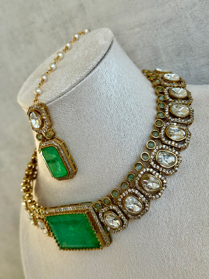 Ayura Designs Clara Set with Earrings & Tikka — Jade Green Moissanite Stones and Antique Gold Finish