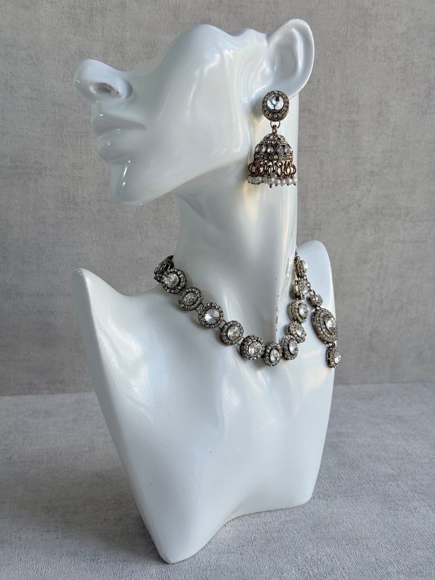 Ayura Designs Eira Necklace Set with Earrings & Tikka – Crystal Stones with Antique Gold Finish