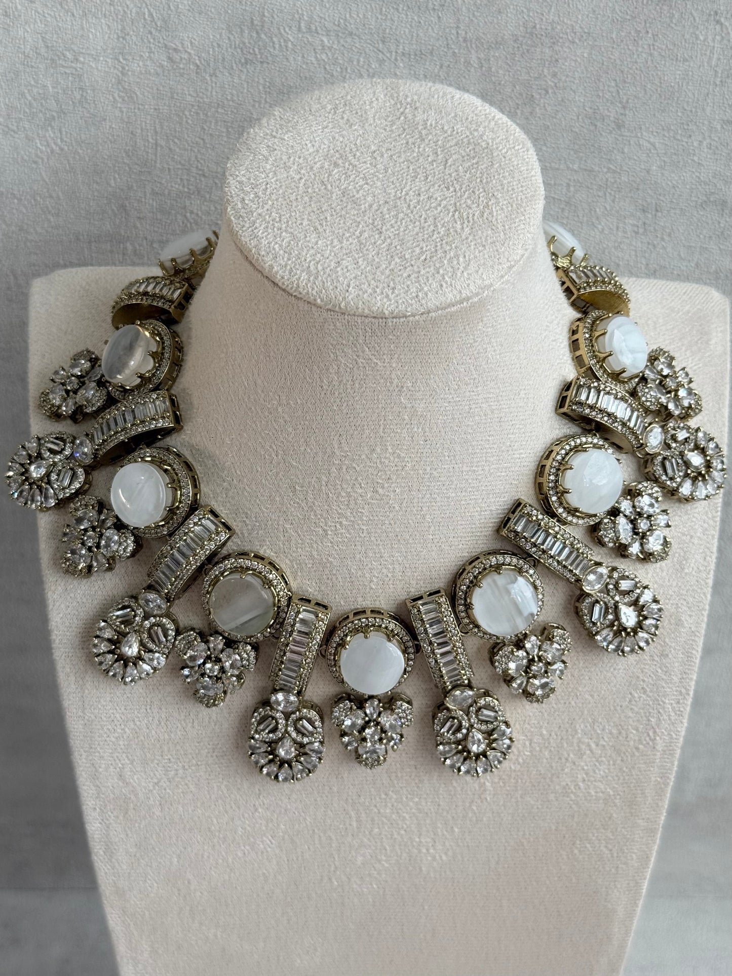 Ayura Designs Aabira Necklace Set with Earrings – White Marble Stones with Moissanite Style Detailing