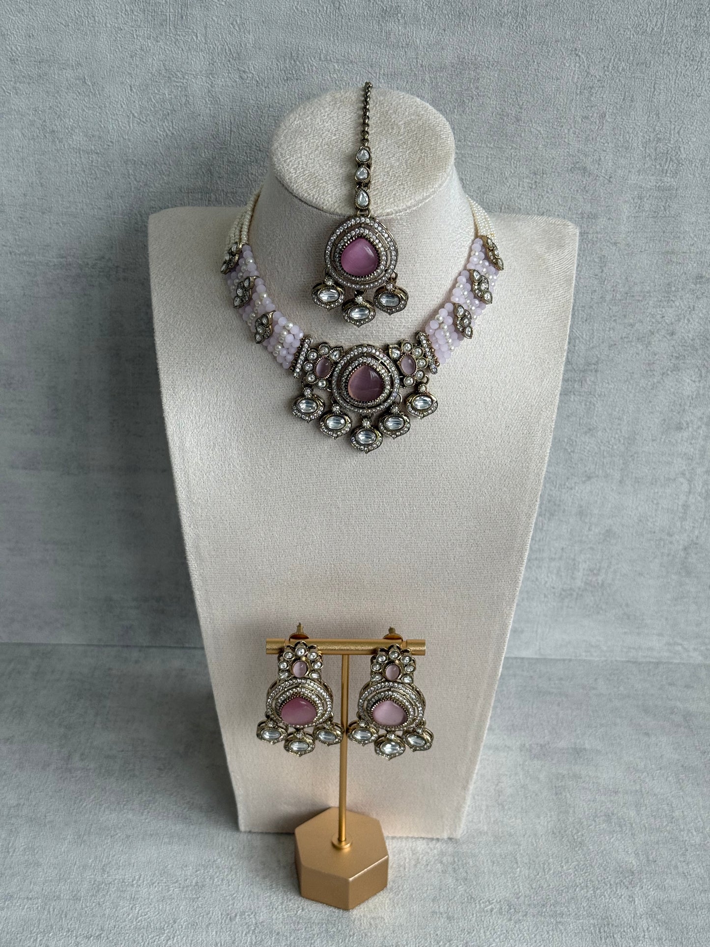Ayura Designs Rahi Necklace Set with Earrings & Tikka – Blush Pink Stones with Mirror-Cut Detailing & Pearl Strands