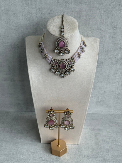 Ayura Designs Rahi Necklace Set with Earrings & Tikka – Blush Pink Stones with Mirror-Cut Detailing & Pearl Strands