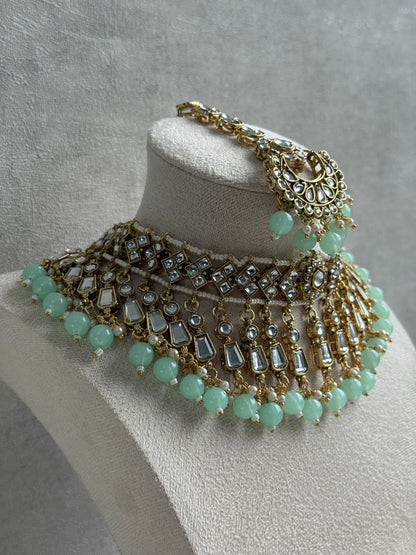 Ayura Designs Shaheen Set with Jhumkis & Tikka – Pistachio Green Beads, Mirror Kundan & Gold Finish