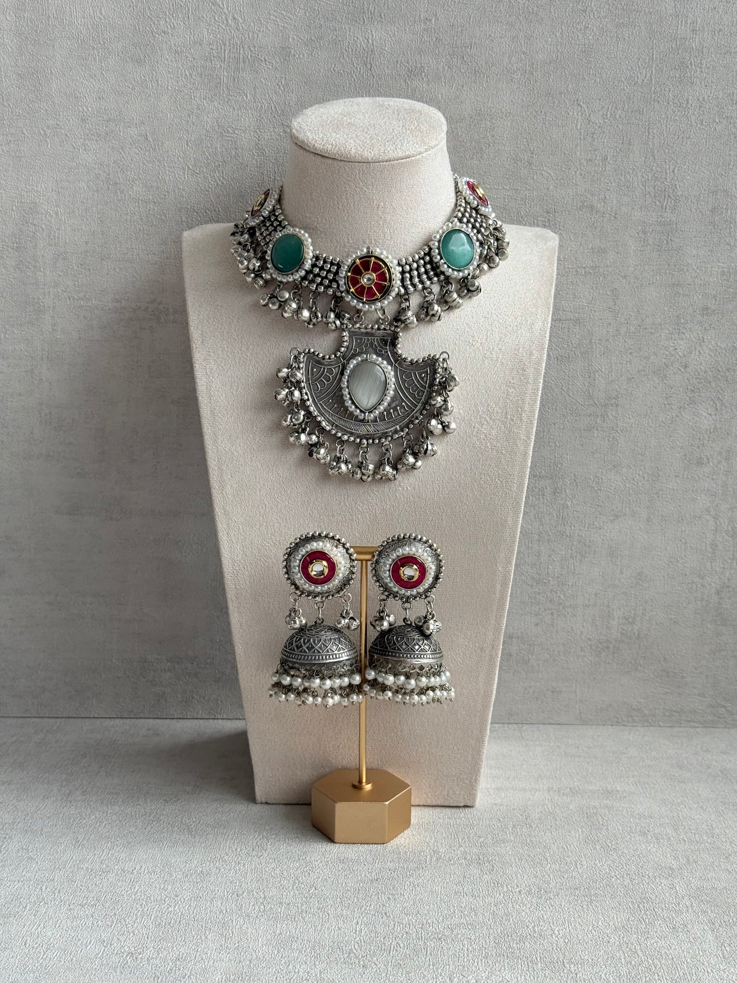 Ayura Designs Zareefa Necklace Set with Jhumkis – Oxidised Silver Pendant Necklace with Multicolour Stones, Pearl Detailing & Ghungroo Accents