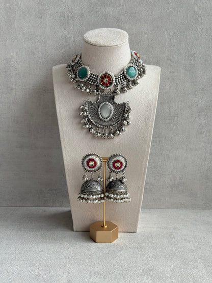 Ayura Designs Zareefa Necklace Set with Jhumkis – Oxidised Silver Pendant Necklace with Multicolour Stones, Pearl Detailing & Ghungroo Accents