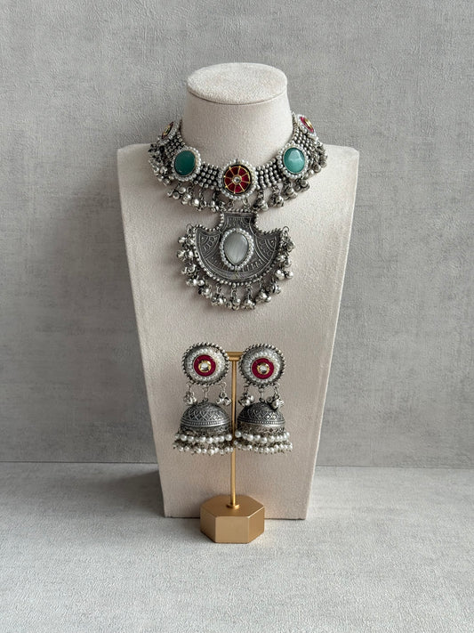 Ayura Designs Zareefa Necklace Set with Jhumkis – Oxidised Silver Pendant Necklace with Multicolour Stones, Pearl Detailing & Ghungroo Accents