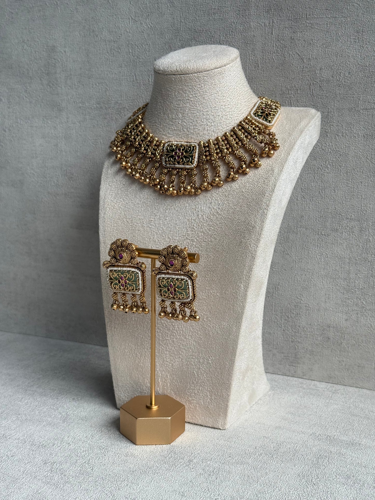 Ayura Designs Uma Set – Antique Gold Necklace & Earrings with Mint Green Enamel, Ruby Meenakari & Pearl Detailing