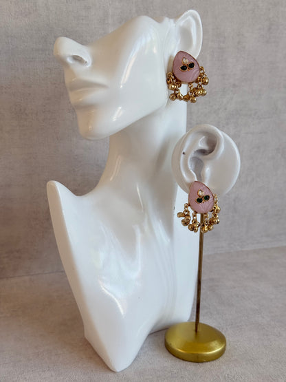 Ayura Designs Aykai Earrings – Baby Pink Carved Teardrop Stud Earrings with Clear Kundan Stones and Gold Ghungroo Drops