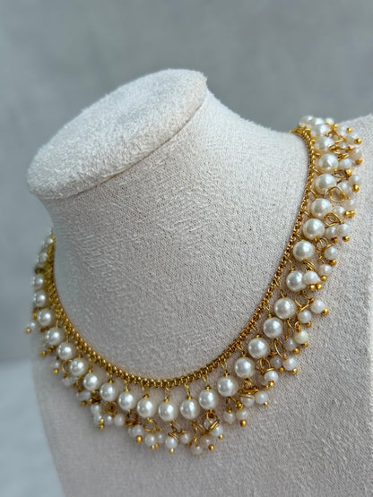 Ayura Designs Tarz Necklace Set with Earrings – Gold Pearl Layered Fringe Design with Pearl Drops