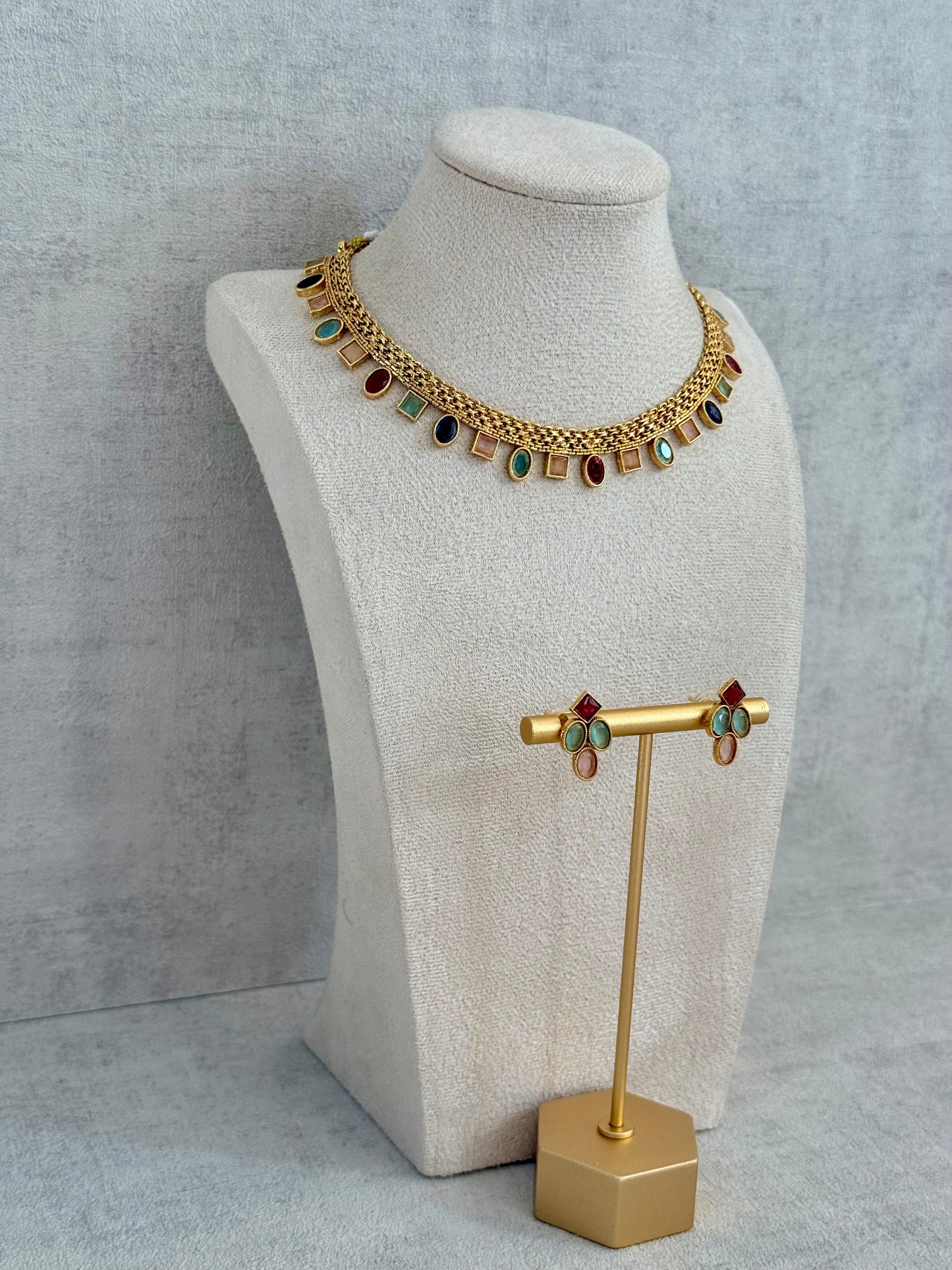 Ayura Designs Bhawani Set with Necklace & Stud Earrings – Multicolour Stone Charms in Antique Gold Finish