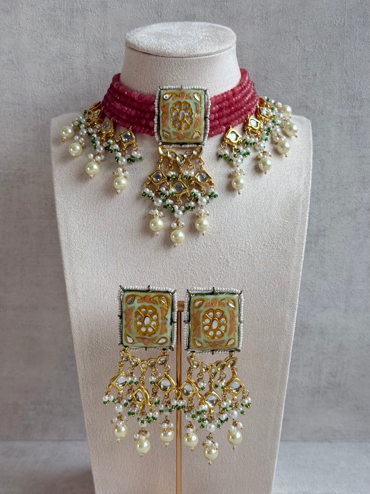 Ayura Designs Sabeera Meenakari Kundan Choker Set with Earrings – Blush Pink Beads & Pearl Detailing
