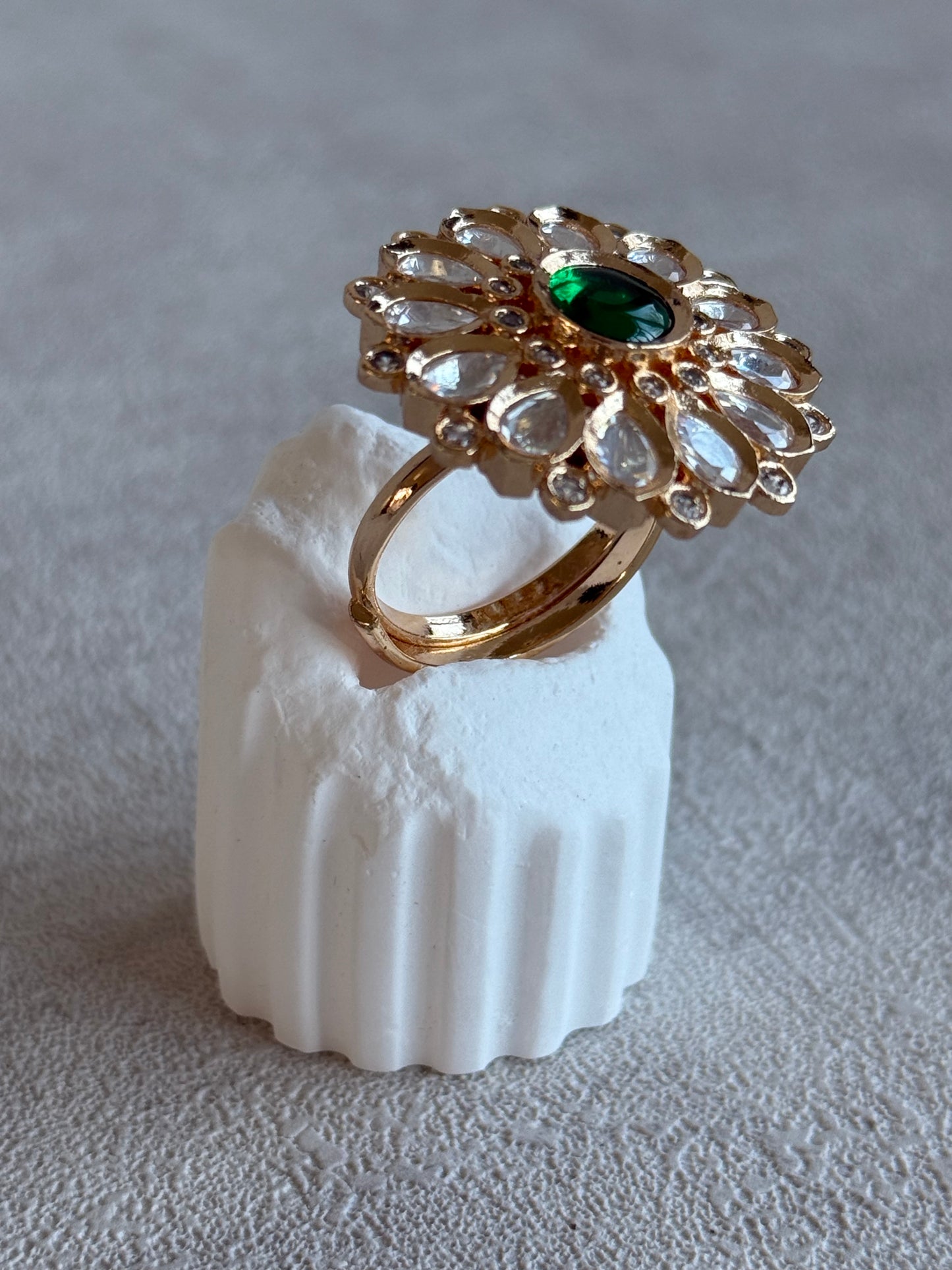Ayura Designs Luisa Adjustable Ring – Emerald Green Centre Stone with Crystal Petal Detailing