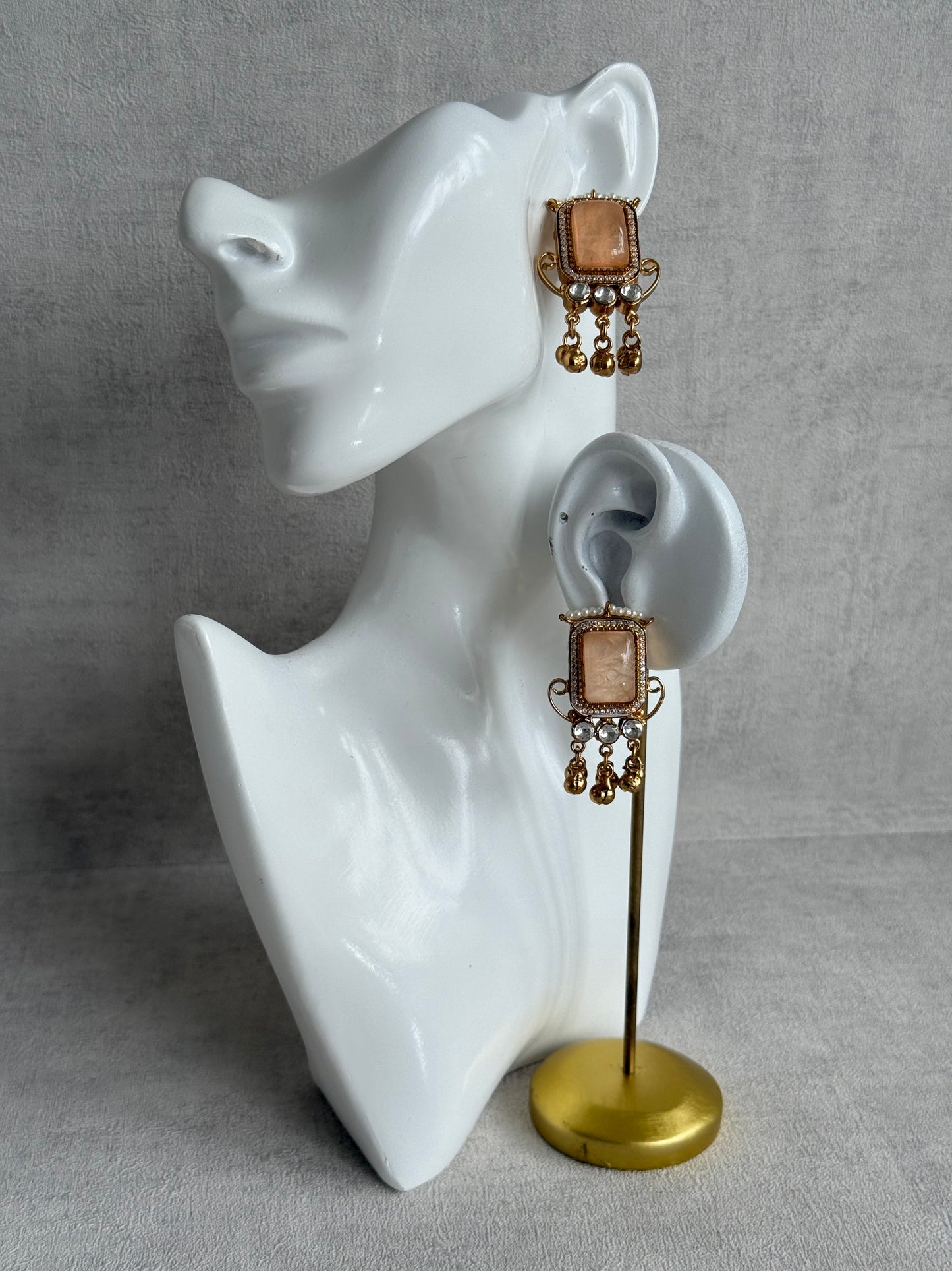 Ayura Designs Aleena Earrings – Champagne Stone Stud Earrings with Pearls & Ghungroo Detailing