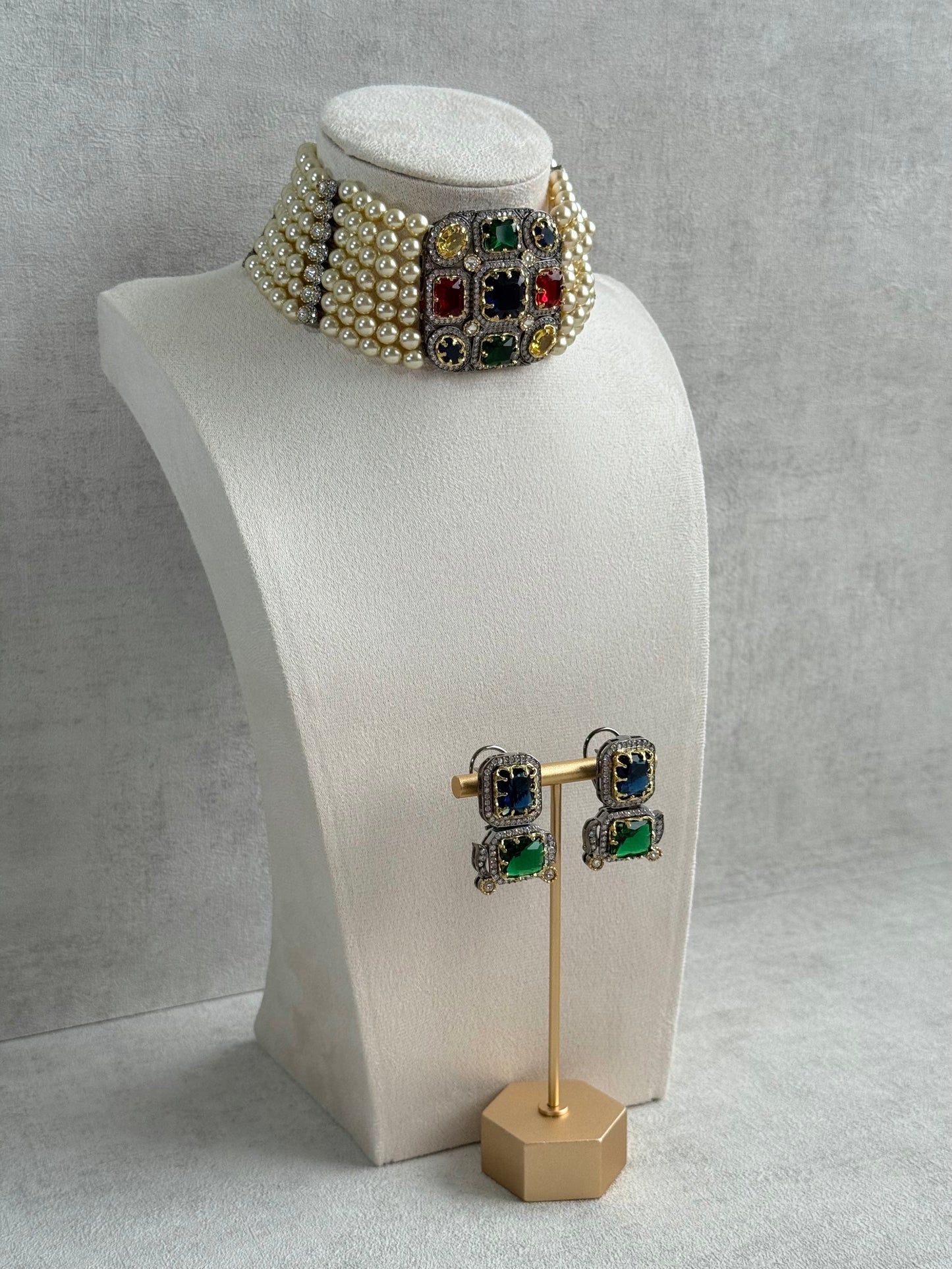 Ayura Designs Amelia Choker Set with Earrings – Moissanite Stonework with Layered Pearls in Antique Silver Finish (Deep Jewel Tones)