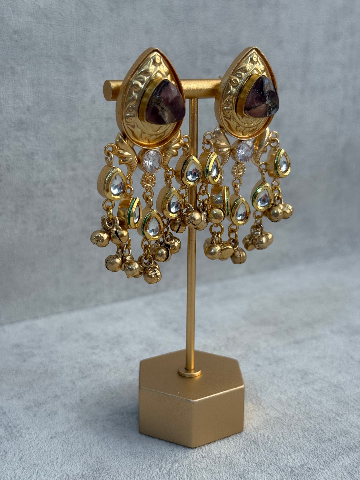 Ayura Designs Arheer Earrings – Brown Marble with Kundan Detailing & Antique Gold Ghungroos