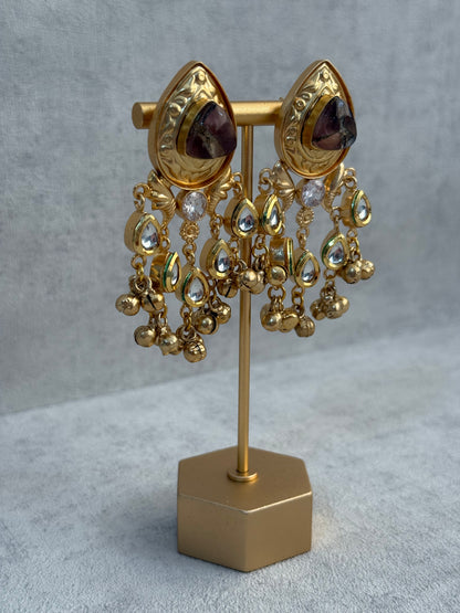 Ayura Designs Arheer Earrings – Brown Marble with Kundan Detailing & Antique Gold Ghungroos