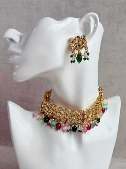 Ayura Designs Navya Choker Set with Earrings – Gold Finish with Moissanite Stones, Lattice Design, Emerald Beads & Pearl Detailing