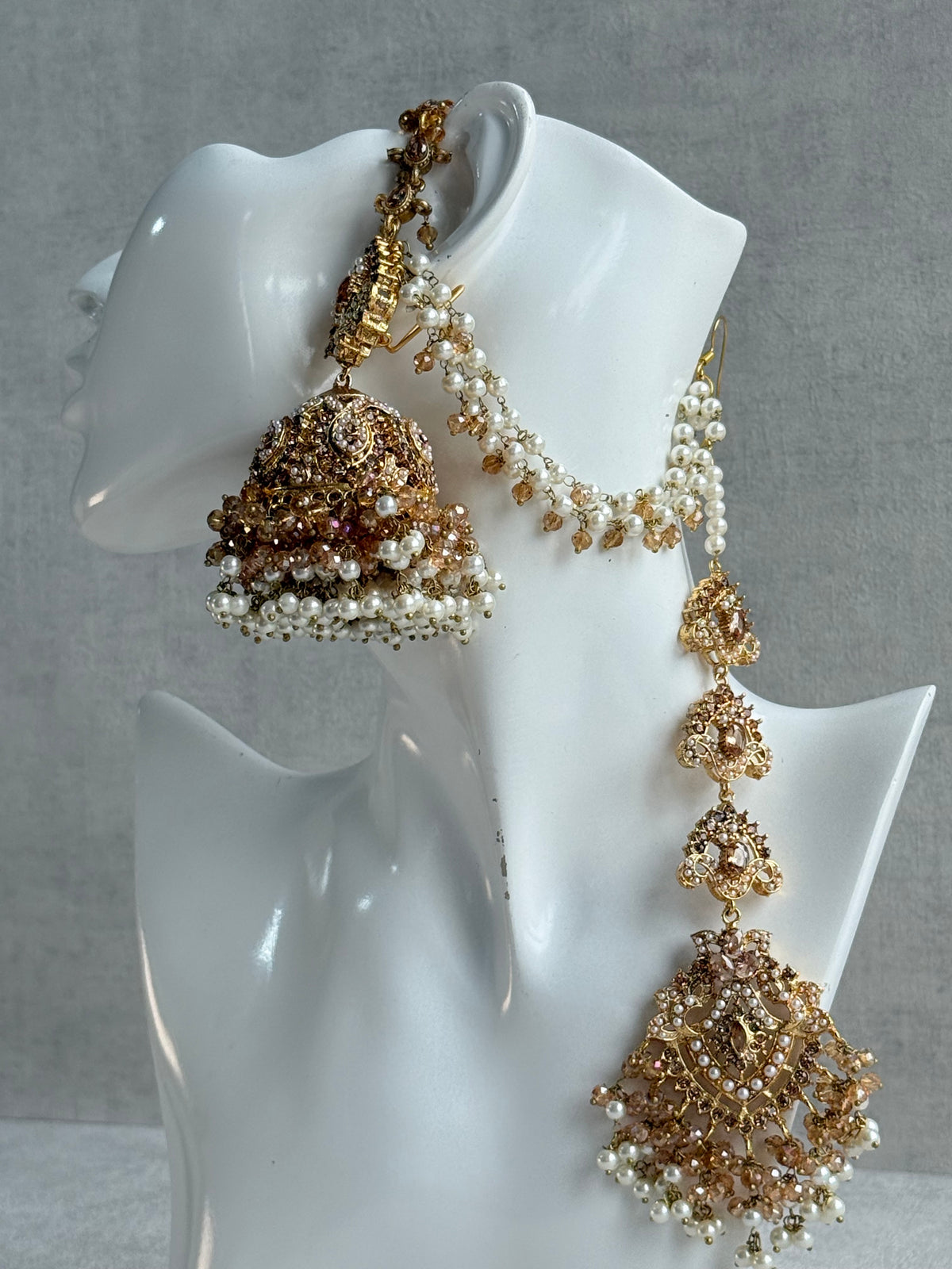 Ayura Designs Safia Tikka Set with Sahare Earrings – Champagne Gold Beads & Pearls