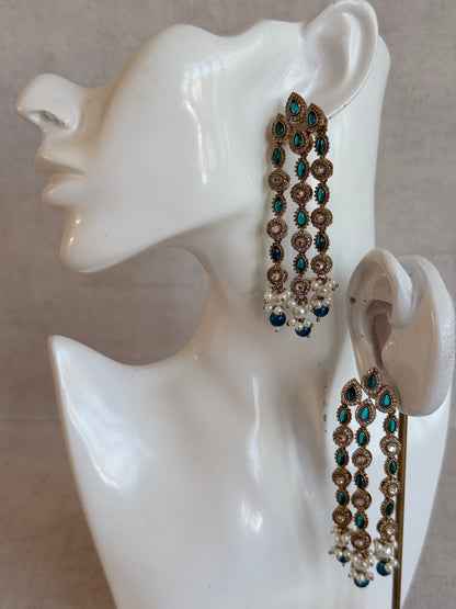 Ayura Designs Emilia Earrings – Gold Triple Strand Statement Earrings with Peacock Blue Stones & Pearl Drops