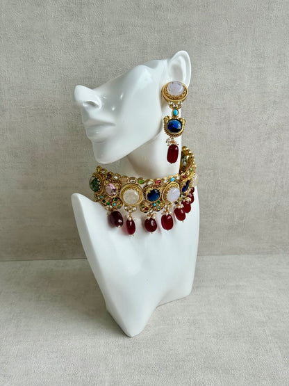 Ayura Designs Dahlia Choker Set with Earrings – Multicolour Stones, Crystal Detailing & Ruby Red Drops