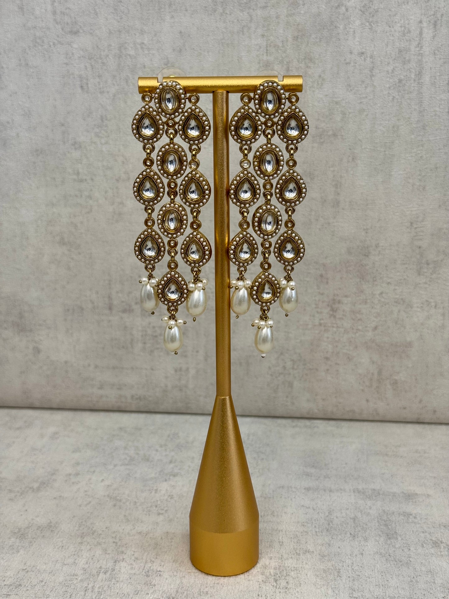 Ayura Designs Mia Earrings – Handcrafted Gold-Toned Cascading Earrings with Clear Kundan Stones, Pearl Accents & Elegant Drop Detailing