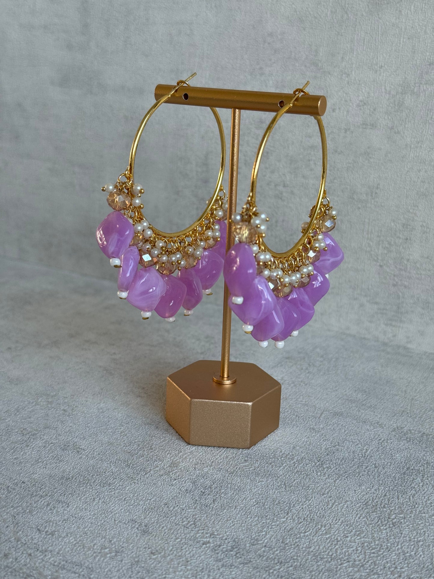 Ayura Designs Heer Balis – Gold Hoops with Lilac Marble Beads, Pearls & Crystal Detailing