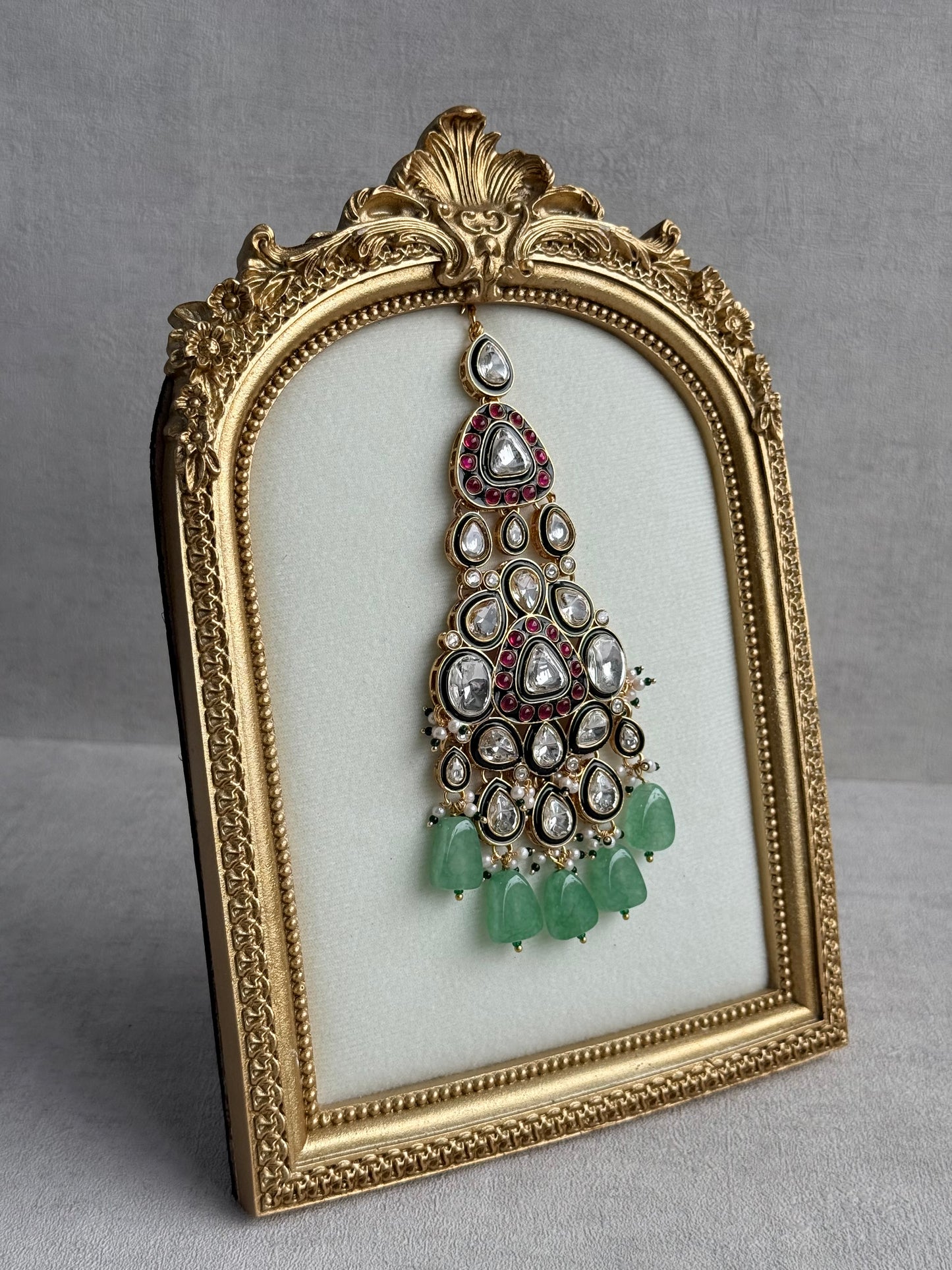 Ayura Designs Salma Jhoomar Passa – Jade Green Drops with Kundan Stones & Antique Gold Finish