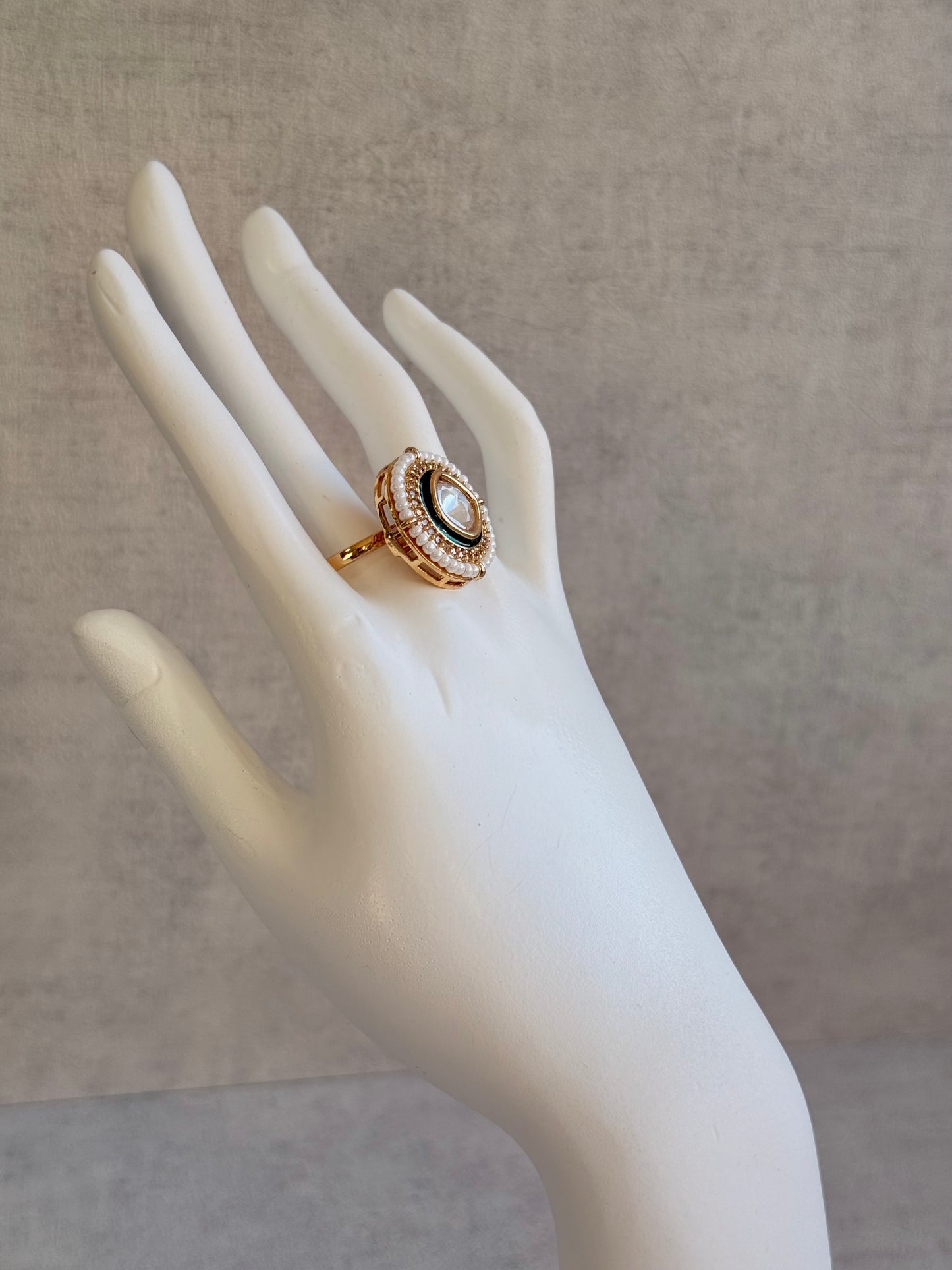 Ayura Designs Roselle Adjustable Ring – Moissanite Centre with Crystal Border & Ivory Pearls