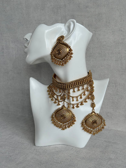 Ayura Designs Sahira Choker Set with Earrings & Tikka – Gold Engraved Choker with Floral Pendant & Ghungroo Detailing