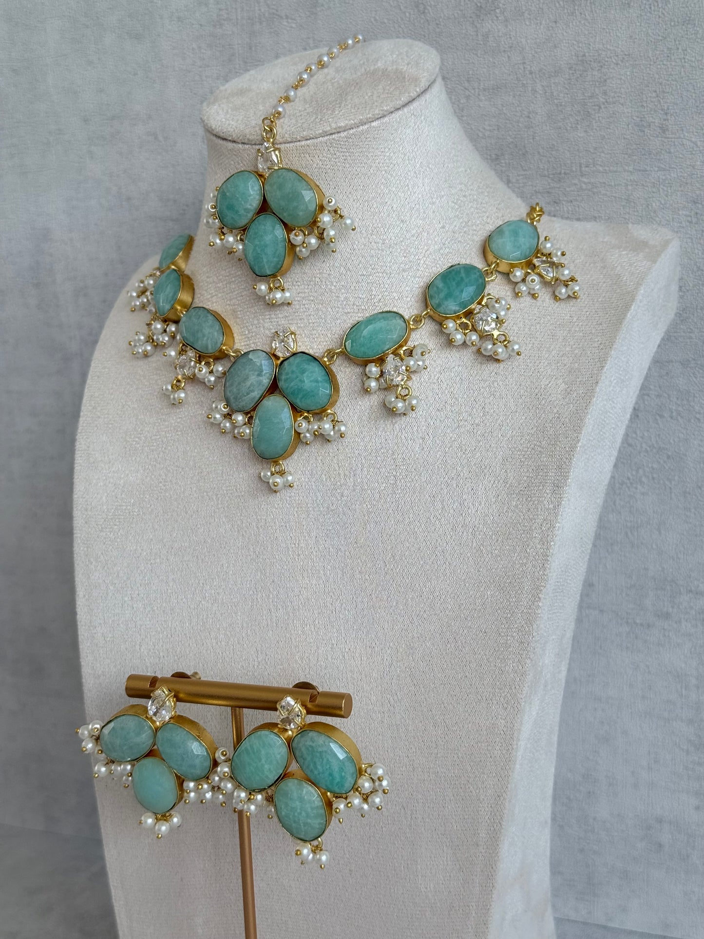 Ayura Designs Anahita Set with Tikka & Earrings – Amazonite, Crystals & Pearls