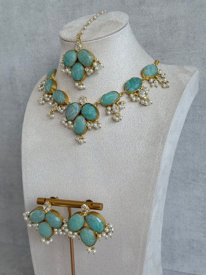 Ayura Designs Anahita Set with Tikka & Earrings – Amazonite, Crystals & Pearls