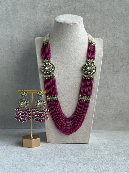 Ayura Designs Sienna Set – Long Layered Necklace & Earrings with Berry Pink Beads, Mirror-Cut Kundan & Pearl Detailing