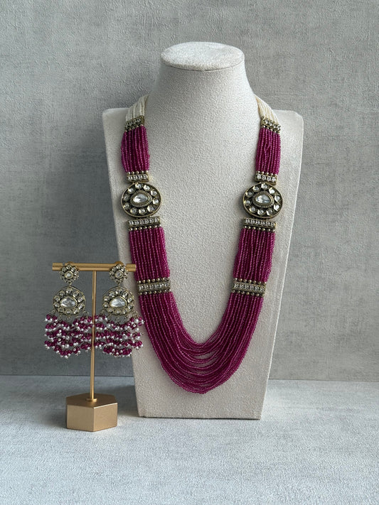 Ayura Designs Sienna Set – Long Layered Necklace & Earrings with Berry Pink Beads, Mirror-Cut Kundan & Pearl Detailing