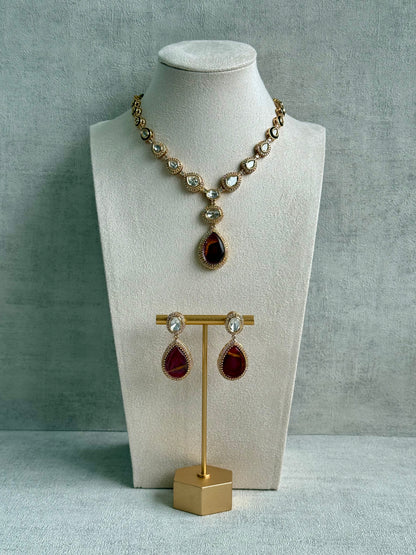 Ayura Designs Lilly Set with Necklace & Earrings – Burnt Crimson Marble Stones, Mirror-Cut Accents & Antique Gold Finish