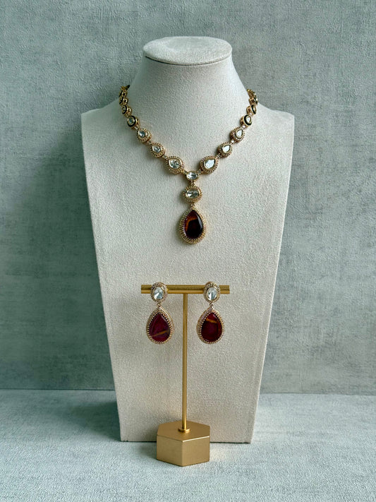 Ayura Designs Lilly Set with Necklace & Earrings – Burnt Crimson Marble Stones, Mirror-Cut Accents & Antique Gold Finish