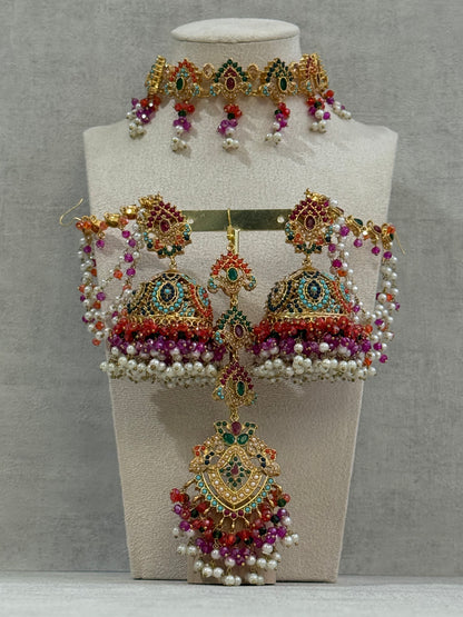 Ayura Designs Noor Set – Choker, Jhumkis with Sahare & Tikka in Multicolour with Pearl Detailing