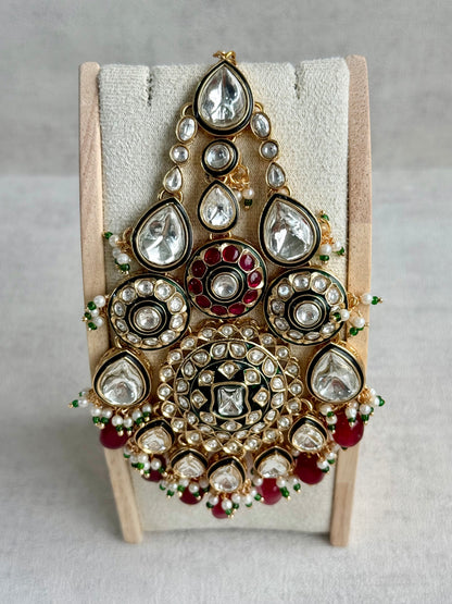 Ayura Designs Suhana Jhoomar Passa – Kundan Jhoomar with Ruby Red Drops, Pearl Detailing & Green Bead Accents