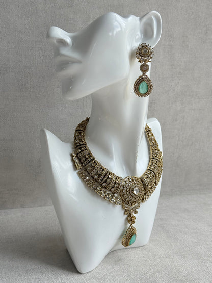 Ayura Designs Ahana Necklace Set with Earrings – Mint Green Teardrop Stones & Moissanite Detailing