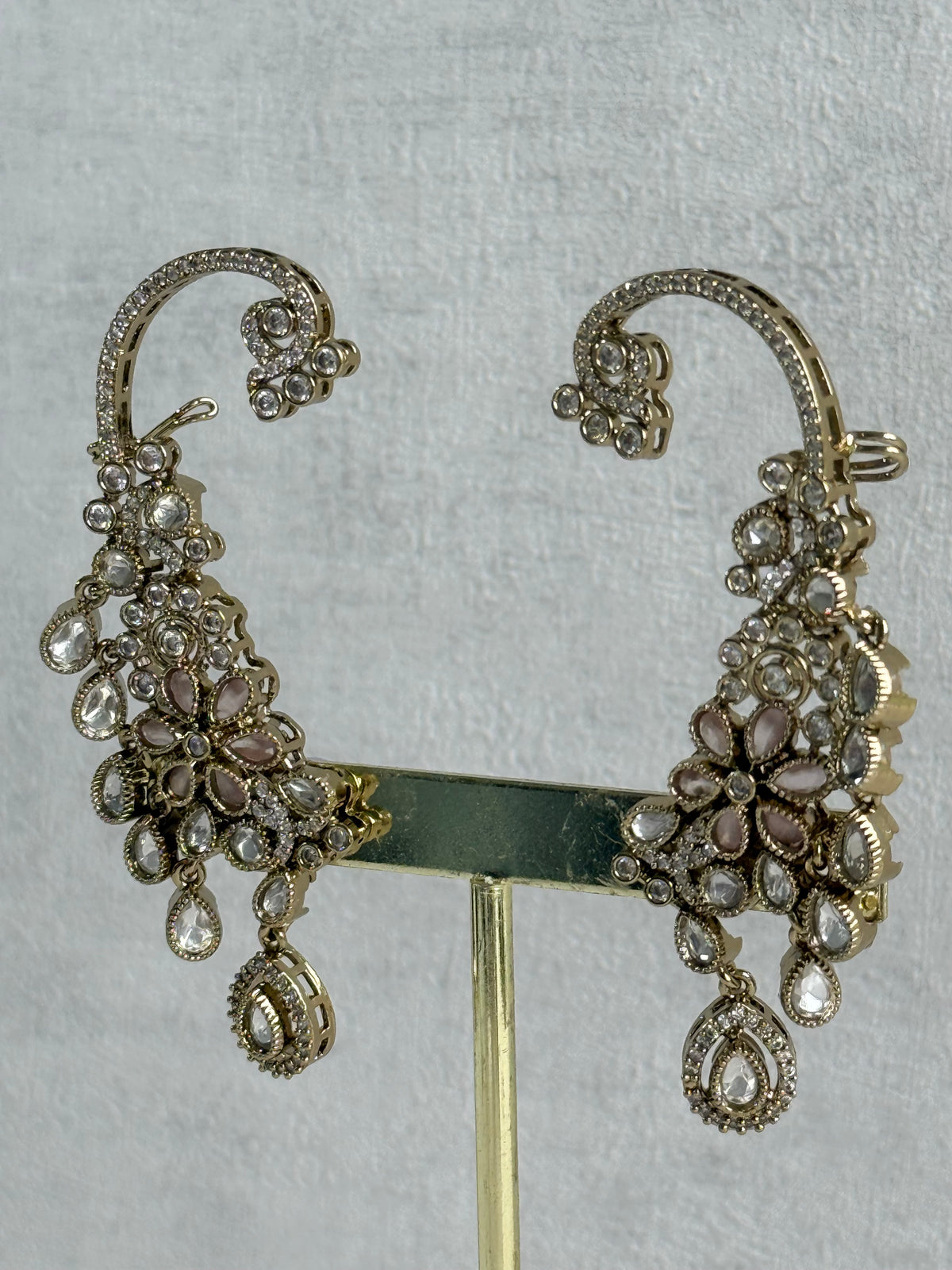 Ayura Designs Aksara Kaanphool Earrings – Blush Pink Stones, Kundan, Crystals & Antique Gold Finish