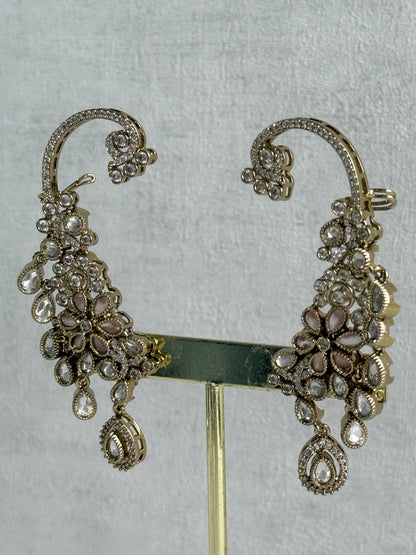 Ayura Designs Aksara Kaanphool Earrings – Blush Pink Stones, Kundan, Crystals & Antique Gold Finish