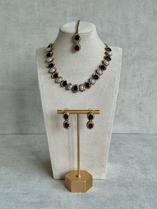 Ayura Designs Eira Set – Necklace, Earrings & Tikka with Ruby Red & Ivory Oval Stones in Antique Gold
