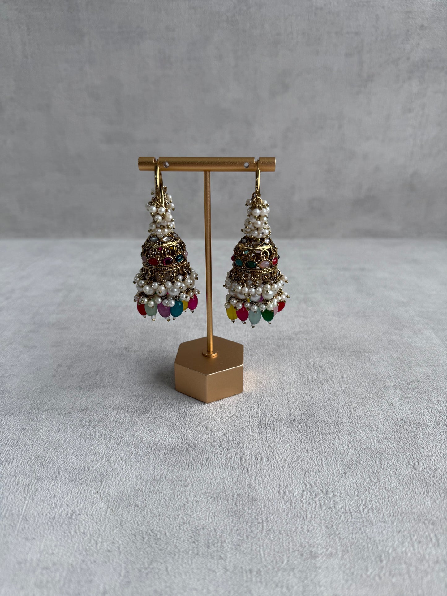 Ayura Designs Jugni Jhumkis – Antique Gold Balis with Multicolour Beads & Pearl Clusters