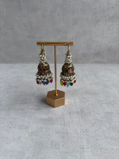 Ayura Designs Jugni Jhumkis – Antique Gold Balis with Multicolour Beads & Pearl Clusters
