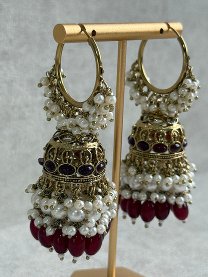Ayura Designs Jugni Jhumkis – Antique Gold Balis with Maroon Beads & Pearl Clusters
