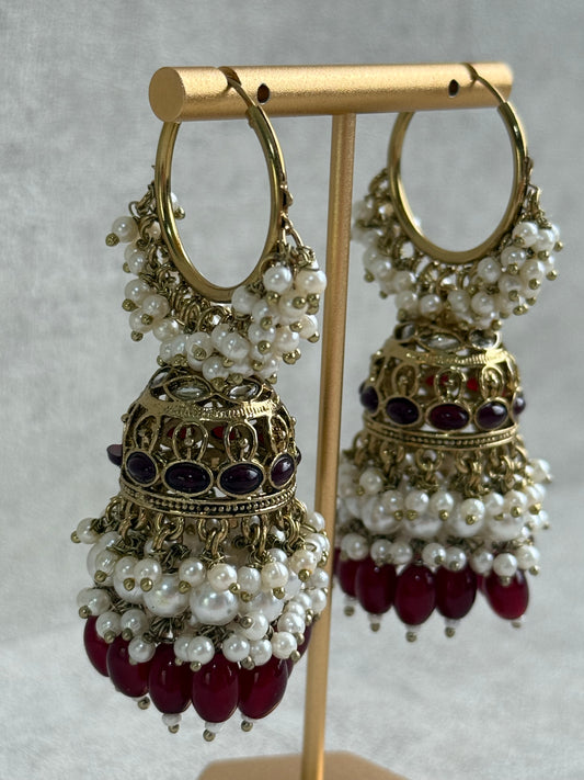 Ayura Designs Jugni Jhumkis – Antique Gold Balis with Maroon Beads & Pearl Clusters