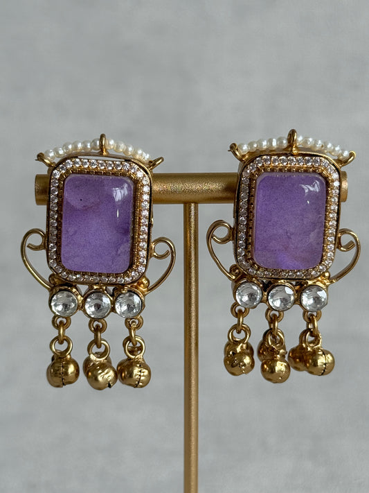 Ayura Designs Aleena Earrings – Lilac Stone Stud Earrings with Pearls & Ghungroo Detailing
