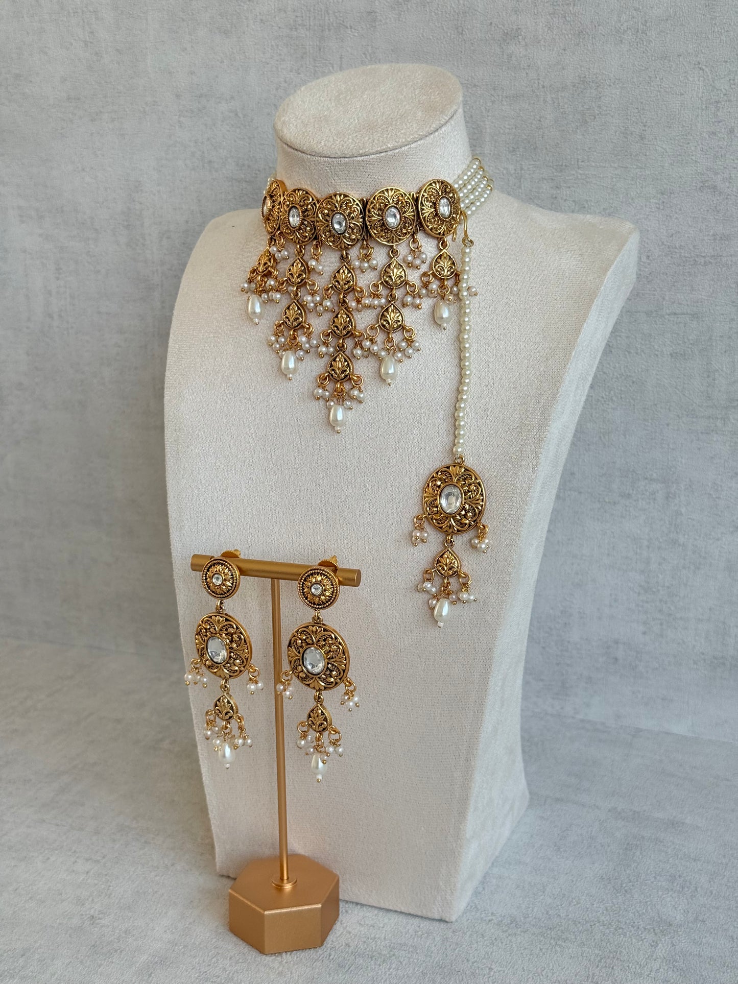Ayura Designs Mohak Choker Set with Earrings & Tikka – Gold Waterfall Design with Kundan & Pearl Drops