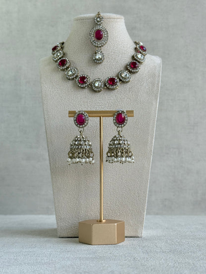 Ayura Designs Eira Necklace Set with Earrings & Tikka – Rani Pink & Crystal Stones with Antique Gold Finish