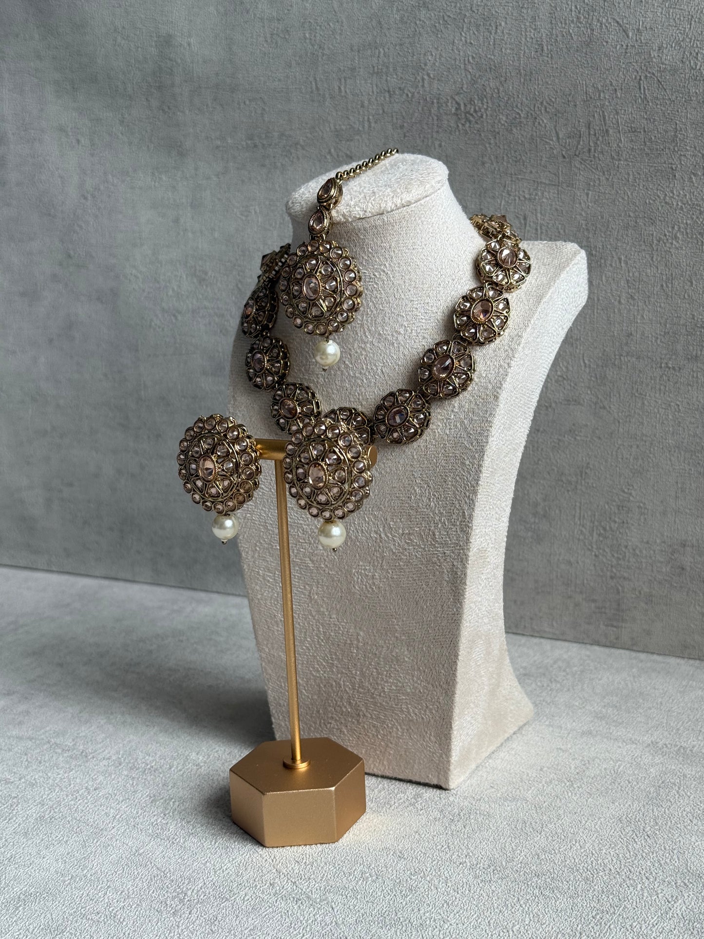 Ayura Designs Sania Set with Necklace, Earrings & Tikka – Champagne Kundan Stones & Antique Gold Finish