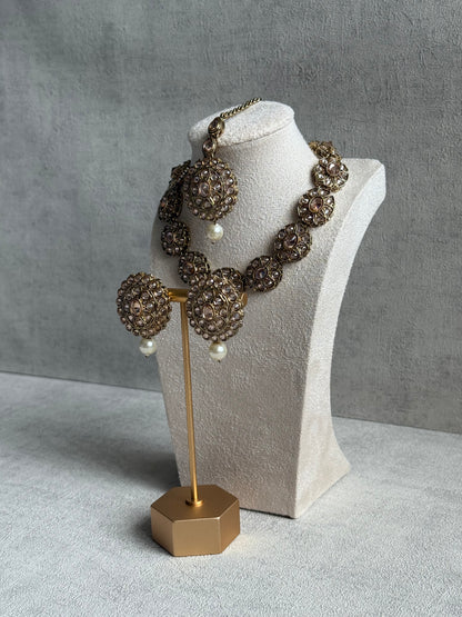 Ayura Designs Sania Set with Necklace, Earrings & Tikka – Champagne Kundan Stones & Antique Gold Finish