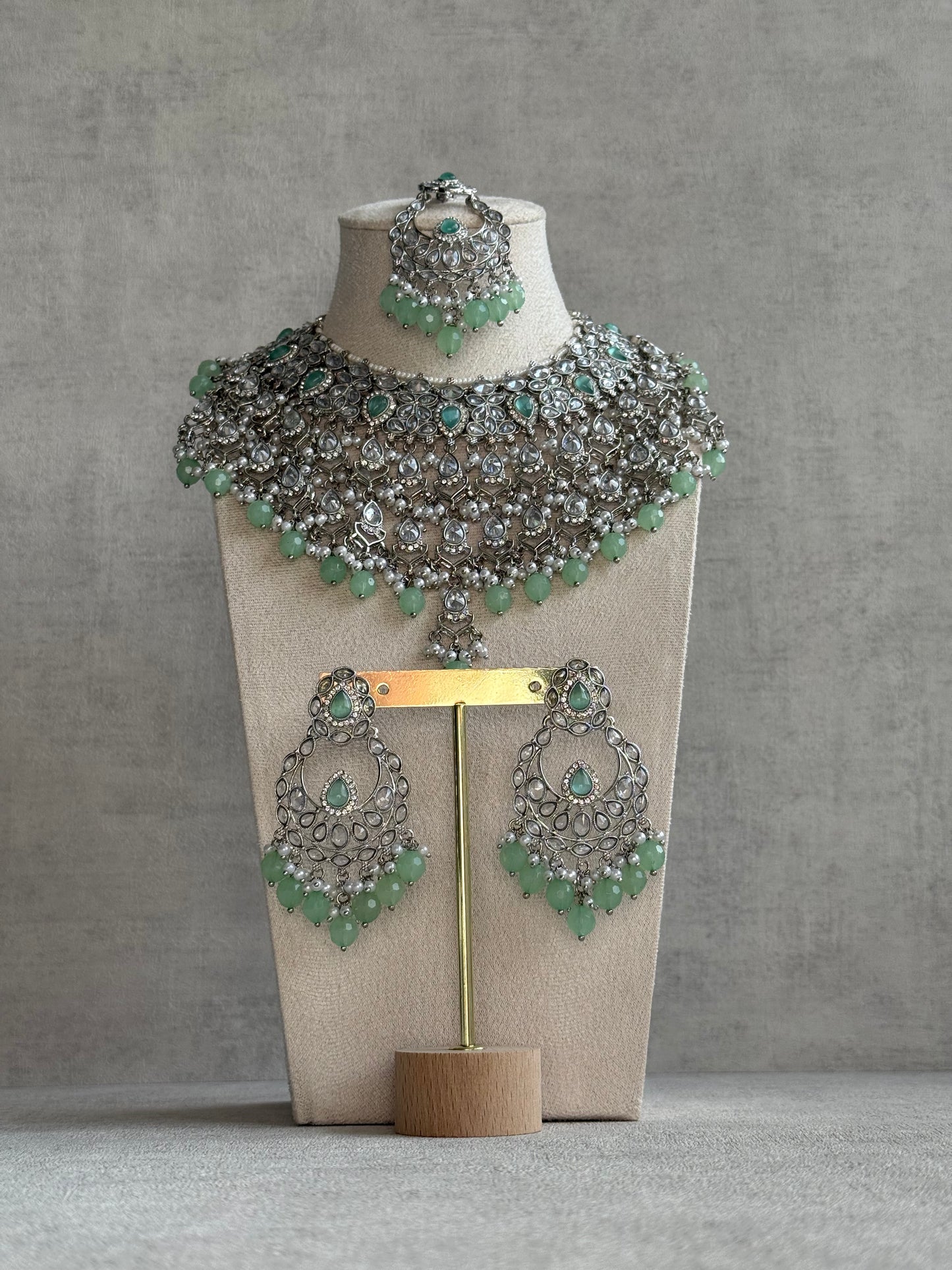Ayura Designs Eknoor Set – Necklace, Tikka & Earrings with Pistachio Green Beads, Pearls and Silver Finish